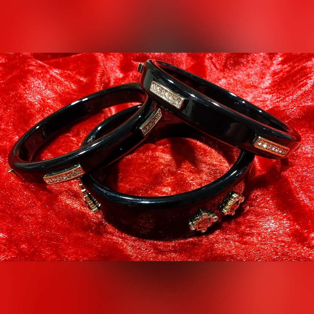 Vintage Lee Angel Black Bangle Set with Gold Tone Accents And Rhinestones